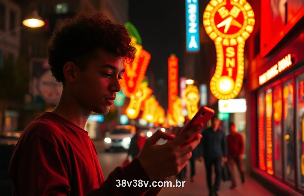 Jogador acessando o cassino do 38V pelo celular à noite