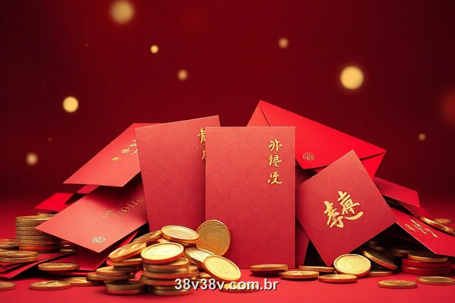 Envelopes vermelhos e moedas de ouro do 38V