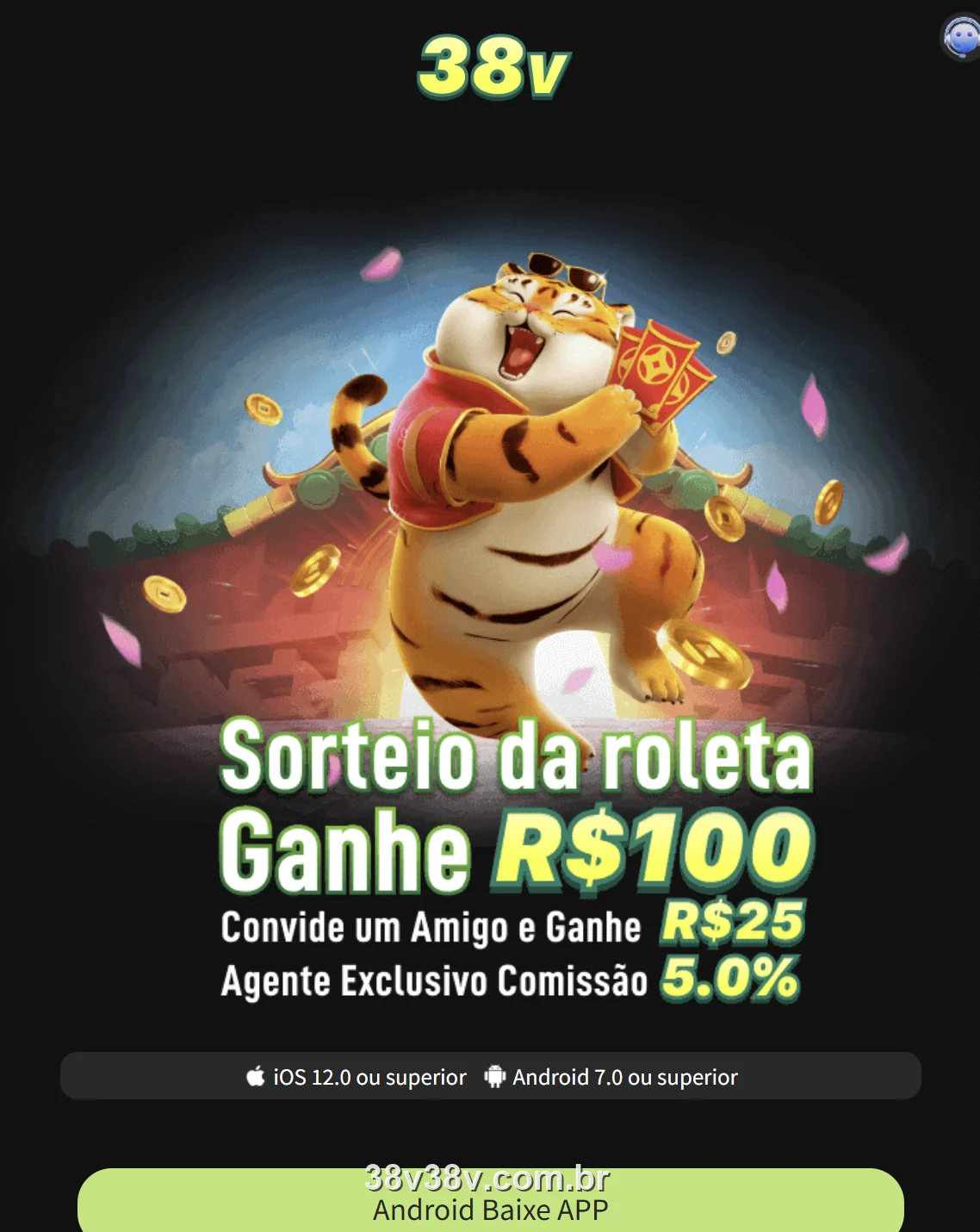 Tela real do app 38V mostrando o tigre da sorte